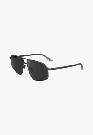 Sonnenbrille mit dunklen Gläsern, schlankem schwarzen Metallrahmen, kantiger Form und dezentem Branding an den Bügeln. Mit Nasenpolstern für zusätzlichen Komfort.