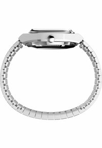 Silberne Metallarmbanduhr mit rechteckigem Gehäuse, polierter Oberfläche und verbundenem Armband. Verfügt über eine Krone an der Seite zur Einstellung der Zeit.