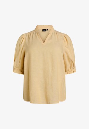 Beige blouse met korte mouwen, geplooide pofmouwen, gerufflede kraag, V-hals en een losvallende pasvorm.