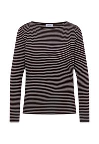 Pitkähihainen, musta-valkoinen vaakaraidalllinen paita, jossa pyöreä kaula-auko, ribbitekstuuri ja istuva leikkaus.