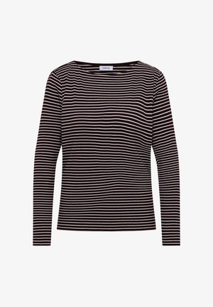 Czarny i biały, poziomo w paski, długi rękaw, koszula z okrągłym dekoltem, żebrowana tkanina i dopasowany krój.