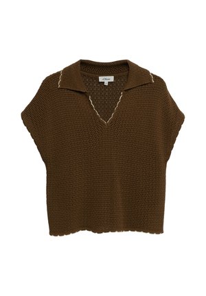 Haut marron en maille à manches courtes avec col ouvert et détails de couture blancs subtils le long des bords du col, étiqueté s.Oliver, taille 36.
