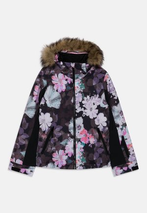 Schwarze florale Winterjacke mit pinken und weißen Blumen, durchgehendem Frontreißverschluss, zwei Reißverschlusstaschen und Kapuze mit braunem Kunstpelzbesatz.