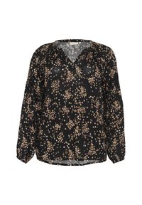 Sort bluse med V-udskæring og lange ærmer, prydet med et blomstermønster i pink og creme. Fremstillet af let, struktureret stof.