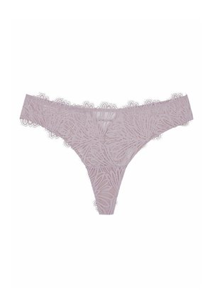 Lace thong in light pink featuring floral patterns, scalloped edges, and a thin waistband, designed for a delicate appearance.