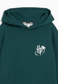Sudadera de algodón verde con bolsillo canguro en la parte delantera, con el logo "HP" en blanco en el área del pecho izquierdo y capucha con cordón.