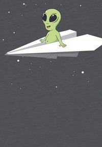 Grüner Alien-Charakter mit großen schwarzen Augen, sitzt auf einem weißen Papierflieger, vor einem dunkelgrauen Hintergrund mit weißen Punkten, die Sterne ähneln.