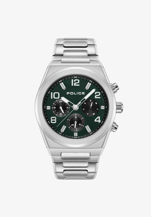 Orologio in acciaio inossidabile argento con cassa esagonale, quadrante verde, grandi indici bianchi, tre sottodial e bracciale a maglie metalliche.