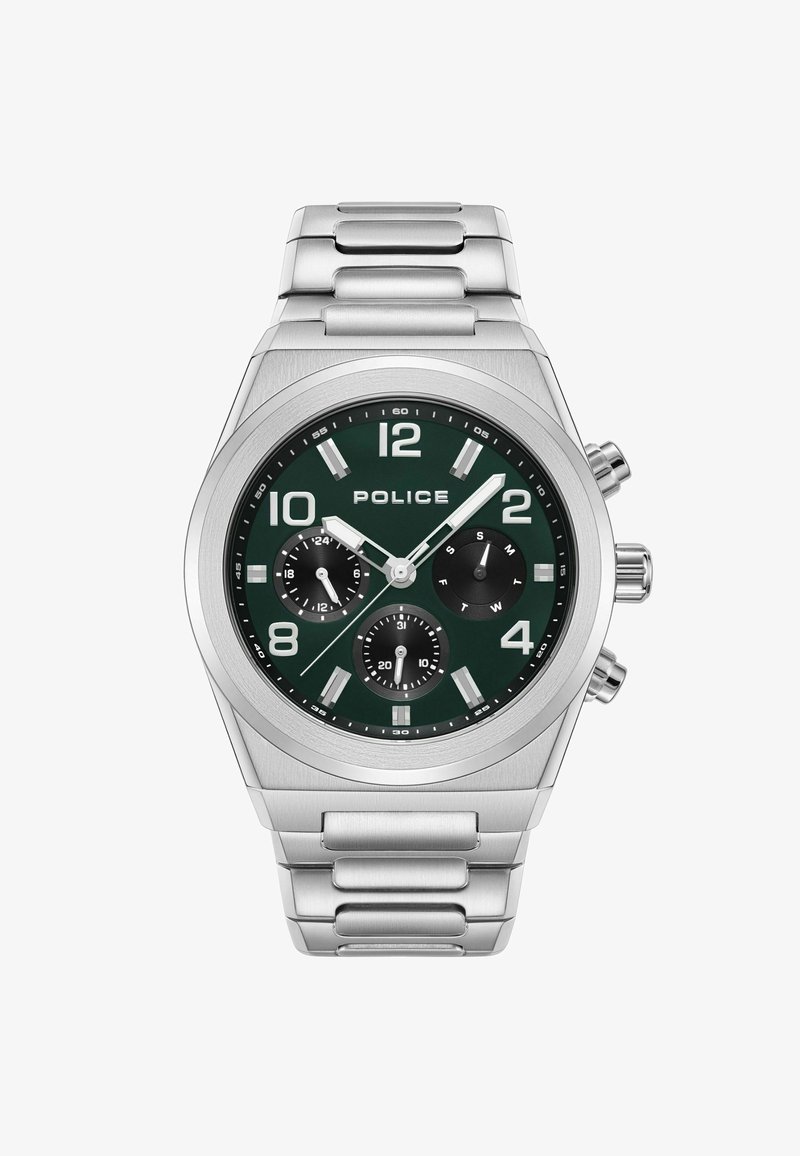 Montre en acier inoxydable argenté avec un boîtier hexagonal, un cadran vert, de grands index horaires blancs, trois sous-cadrans et un bracelet en maillons métalliques.