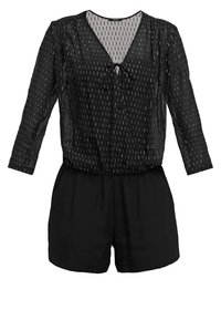 Romper negro de manga larga con escote en V, que presenta una parte superior transparente texturizada y pantalones cortos negros sólidos, adornado con un lazo en el escote.