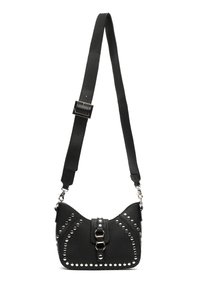 Borsa a tracolla in pelle nera con borchie metalliche, forma curva, tracolla regolabile e chiusura frontale a scatto. Finitura strutturata.