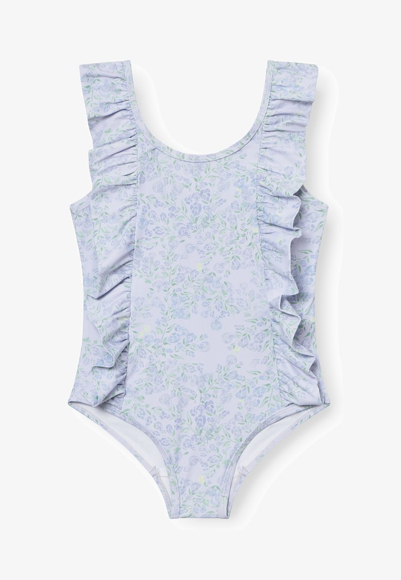 Maillot de bain une pièce en lavande clair avec imprimé floral. Dispose de bretelles froncées et d'une texture douce. Conçu pour le confort et la couverture.