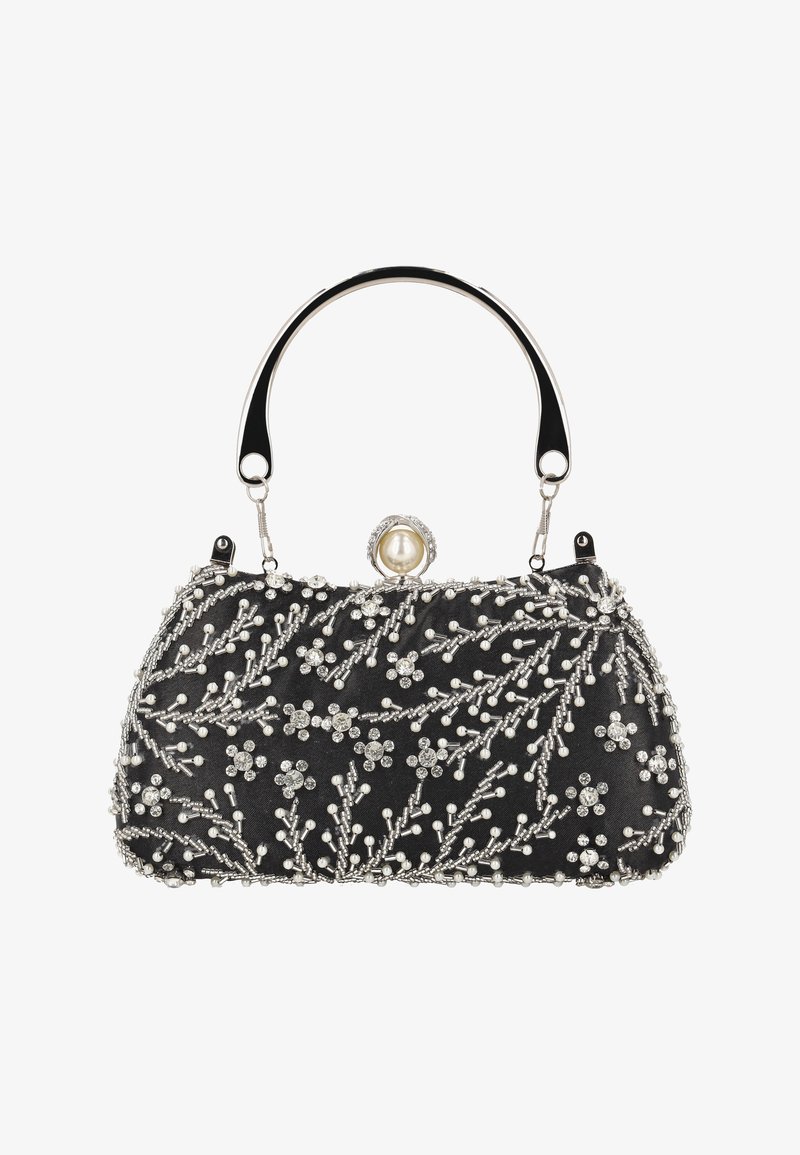 Borsa in tessuto nero con intricata ricamatura di perline e perle d'argento, manico nero arrotondato e chiusura decorativa con perla.