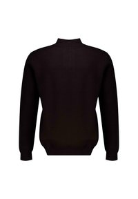 Zwarte trui met hoge nek, lange mouwen en ribgebreide manchetten. Heeft een gladde textuur en een minimalistisch ontwerp.