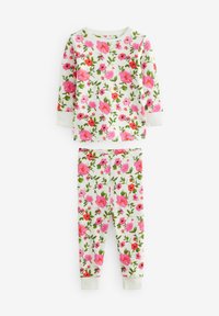 Florales Pyjama-Set aus weichem weißen Stoff mit pinken und roten Blumen sowie grünen Blättern; beinhaltet ein Langarmoberteil und passende Hosen.