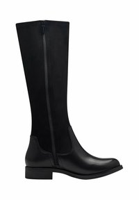Black knee-high boot featuring a smooth leather toe, suede upper, and a side zipper for closure. Flat heel and slight curvature at the top.
