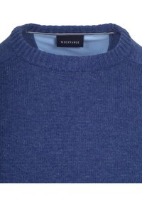 Blauwe gebreide trui met een ronde hals en geribbelde manchetten. De stof heeft een zachte textuur met een subtiel, gemêleerd patroon.