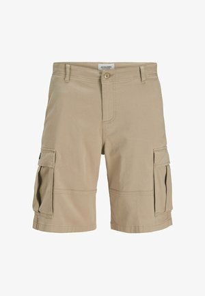 Kavos spalvos krovinių šortai pagaminti iš tvarios medvilnės. Yra keli šoninės kišenės, siuvinėjimo detalės ir mygtukų uždarymas. Tiesus kirpimas.