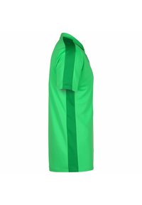 Zelený polo tričko s pevnou límcem, krátkými rukávy a kontrastními zelenými bočními panely, vyrobené z hladkého, lehkého materiálu.