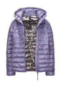  gepolsterte lila Jacke mit glänzender Oberfläche, abnehmbarem Kapuze und metallic-silbernem Innenfutter. Mit gesteppten Nähten und Reißverschlusstaschen.