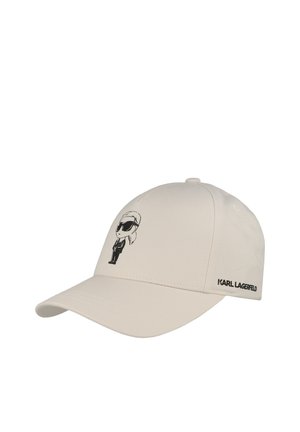 Beige Baseballkappe mit schwarzer Cartoon-Grafik einer Person mit Sonnenbrille und "KARL LAGERFELD" Text an der Seite.