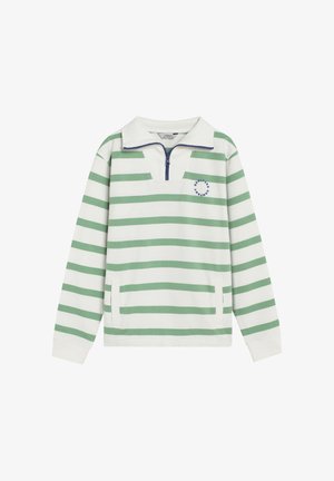 Jersey de manga larga a rayas blancas y verde claro con un cuello azul marino con cremallera a medio cierre y un pequeño logotipo circular en el pecho.