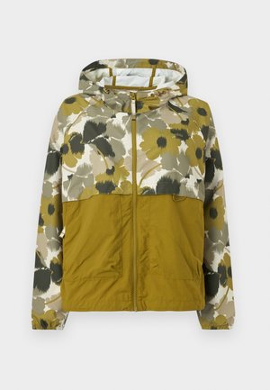 Φούτερ με κουκούλα και φερμουάρ μπροστά, κάτω μισό σε ελιά πράσινο, και πάνω μισό και μανίκια με floral σχέδιο σε χρώματα απαλού πράσινου, μπεζ και μαύρου.