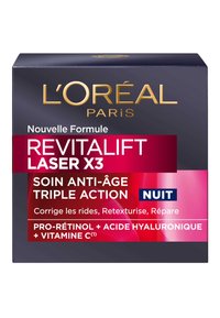 Boîte de crème de nuit L'Oréal Paris Revitalift Laser X3 ; design bleu foncé avec texte doré, accents rouges et bienfaits du produit en blanc.