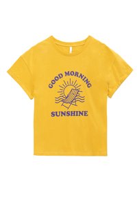 T-shirt en coton jaune à la coupe décontractée, avec un texte violet qui dit "BONJOUR SOLEIL" et un graphique représentant un soleil et des vagues.