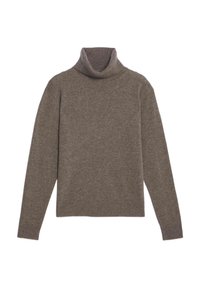 Brauner Rollkragenpullover aus weichem Material, mit einem gerippten Kragen und Bündchen, locker sitzend und mit durchgehendem einheitlichem Textur.