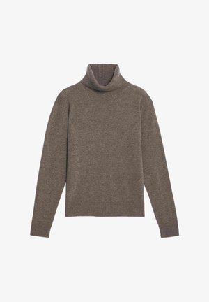 Jersey de cuello alto marrón hecho de una tela suave, con un cuello y puños acanalados, con un corte relajado y textura uniforme en toda su superficie.