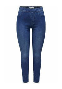 Vaqueros skinny azul oscuro de denim con una textura suave, que cuentan con una cintura alta, dos bolsillos delanteros y un diseño de pernera ajustada.