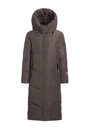 Lång mörkbrun vadderad vinterjacka med hög krage, huva, framdragkedja, dragkedjefickor på sidorna och tryckknappar i fållen.