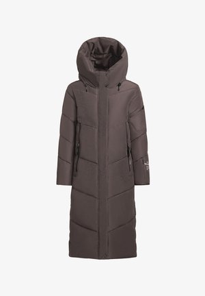 Duga tamnosmeđa zimska jakna s podstavom, visokim ovratnikom, kapuljačom, prednjim patentnim zatvaračem, bočnim džepovima na patentni zatvarač i dugmadi na donjem rubu.