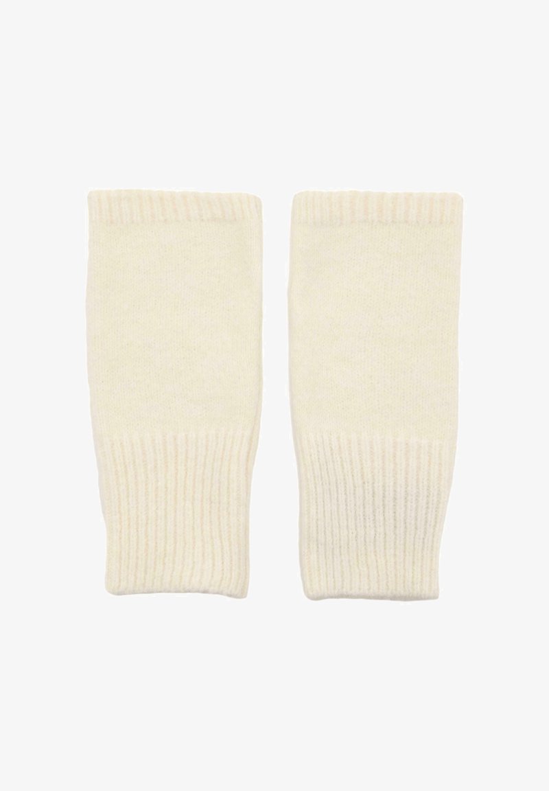 Krämfärgade stickade armvärmare, tillverkade av mjukt material med ribbat mönster. Har en vikbar manschett för en snug passform.