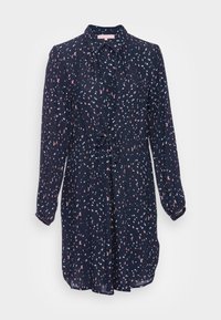 Abito lungo a maniche lunghe blu navy con macchie astratte rosa e azzurro chiaro, scollo con colletto, vita elastica con regolazione e chiusura a bottoni.