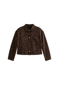 Leopardenmuster cropped Jacke in Brauntönen, mit großen Brusttaschen, einem durchgehenden Knopfverschluss und langen Ärmeln mit klassischem Kragen.