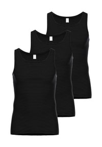 Three black tank tops with a ribbed texture and wide straps, featuring a classic crew neckline and a consistent fit across all pieces.