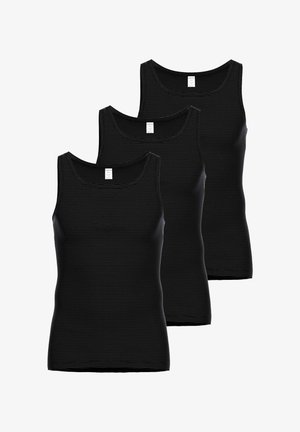 Drei schwarze Tanktops mit gerippter Textur und breiten Trägern, die einen klassischen Rundhalsausschnitt aufweisen und eine gleichmäßige Passform über alle Teile hinweg haben.