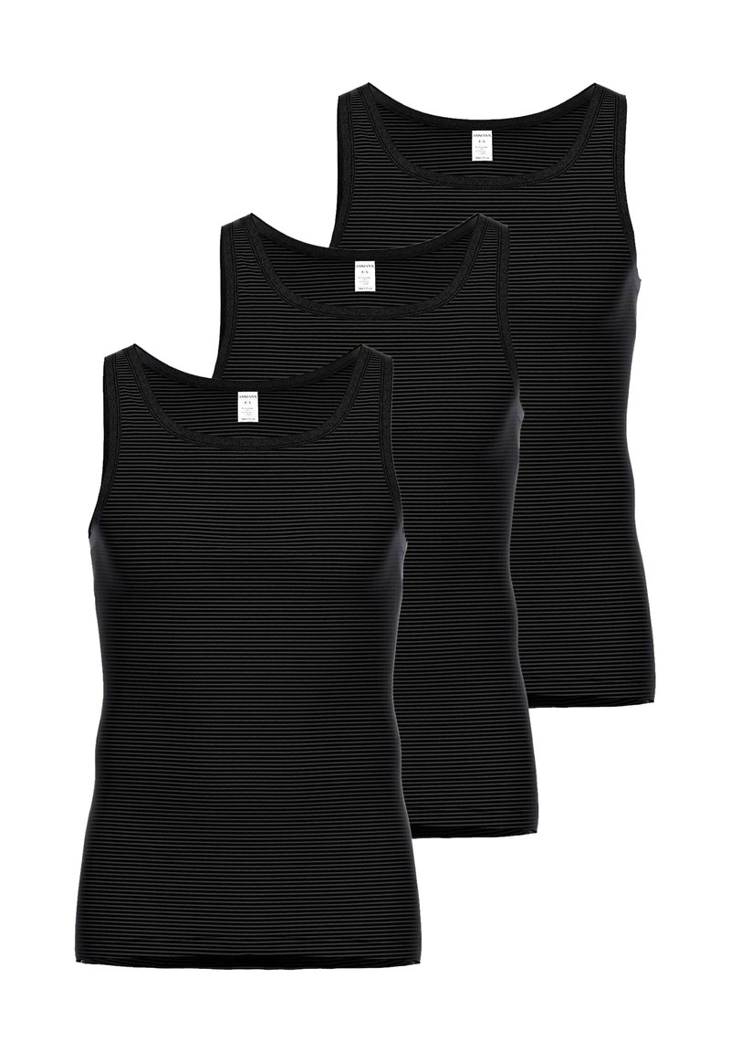 Three black tank tops with a ribbed texture and wide straps, featuring a classic crew neckline and a consistent fit across all pieces.