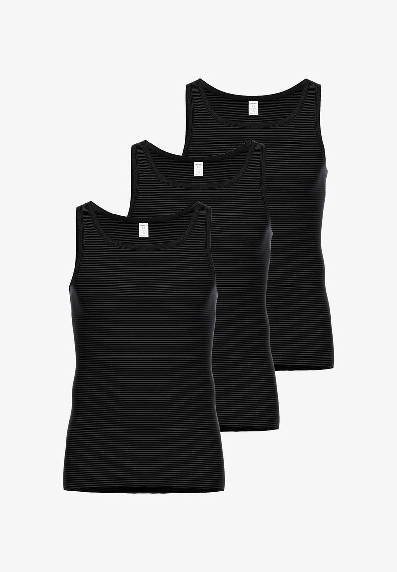 Three black tank tops with a ribbed texture and wide straps, featuring a classic crew neckline and a consistent fit across all pieces.