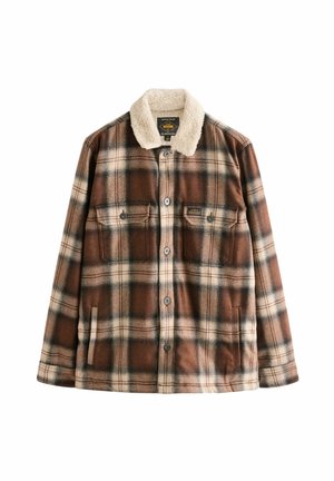 Brown and beige plaid wool jacket with a fleece collar, featuring two chest pockets, button closures, and a straight hem.