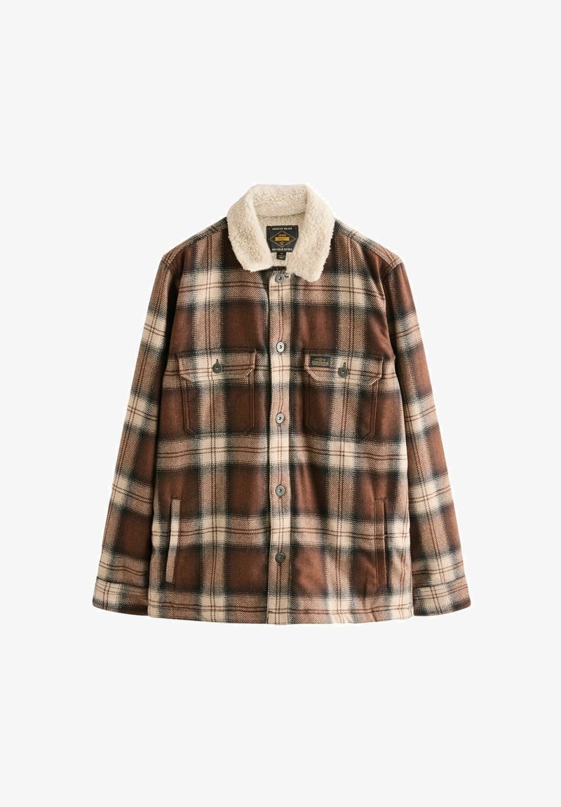 Brown and beige plaid wool jacket with a fleece collar, featuring two chest pockets, button closures, and a straight hem.