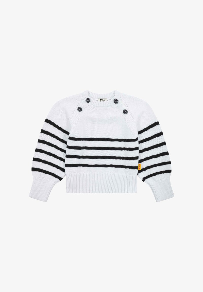 Maglione bianco lavorato a maglia con strisce orizzontali nere, scollatura rotonda e dettagli decorativi con bottoni sulle spalle. Polsini e orlo a costine.