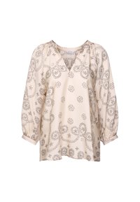 Beige langærmet bluse med sorte blomster- og paisleymønstre, V-hals og lette samlinger ved skuldre og manchetter.