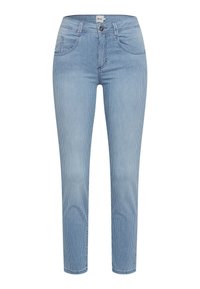 Lichtblauwe gestreepte jeans met een slim fit, vijf zakken, een knoopsluiting en een lichte rekbare stof voor comfort en flexibiliteit.