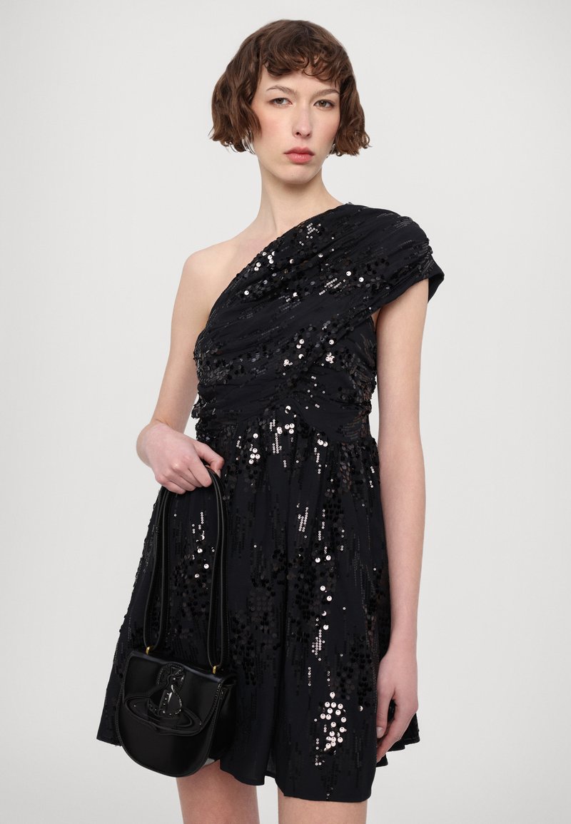 short black off shoulder dress Chana Off Shoulder Mini Dress in Black Rib with Lace Trim