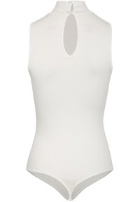 Weißer Ärmelloser Bodysuit mit hohem Kragen, der auf der Rückseite einen Schlüssel-Loch-Ausschnitt aufweist und ein glattes, eng anliegendes Design hat.