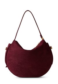 Burgundy textured leather bag with a half-moon shape, single strap, and a gold zip closure. Smooth surface, no visible patterns or accents.