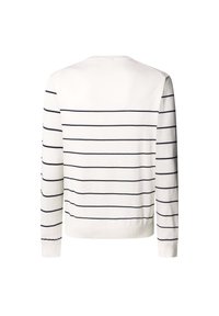 Suéter ligero de punto en blanco con rayas horizontales en navy, cuello redondo, mangas largas y puños y dobladillo acanalados.